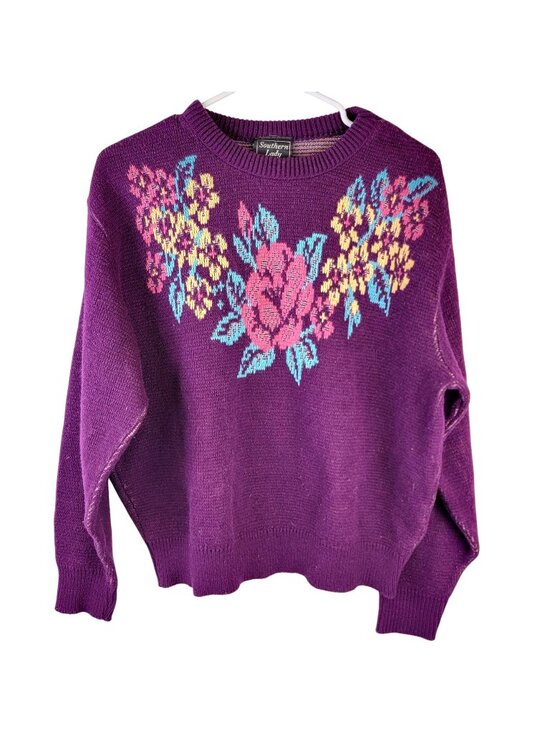 Vintage Sweaters - Vintage 80s Floral Sweater Women XL 14 Purple Knit Top Colorful Flower Soft 16